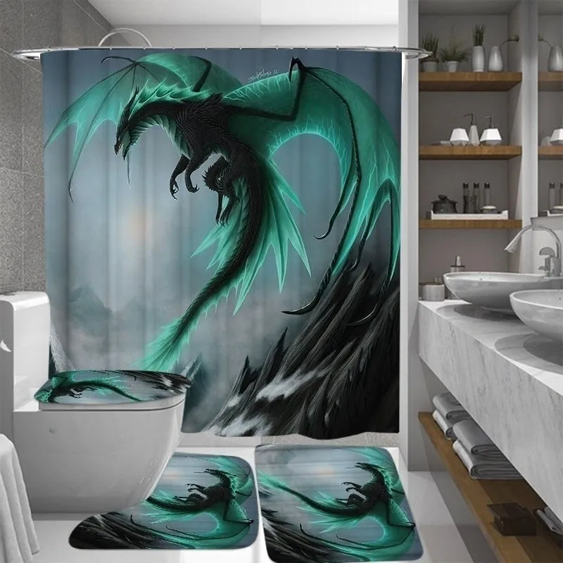 1pc/3pcs/4PCS Flying Dragon Waterproof Bathroom Shower Curtain with 12 Hooks Toilet Cover Bath Mat Non-Slip Rug Set