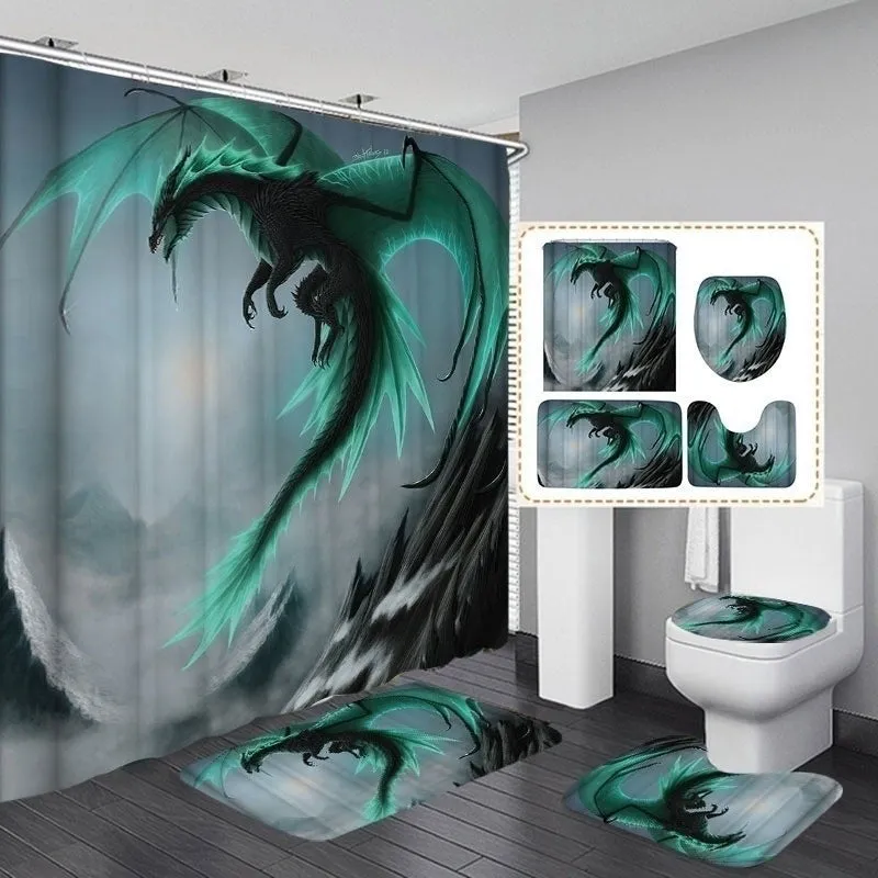 1pc/3pcs/4PCS Flying Dragon Waterproof Bathroom Shower Curtain with 12 Hooks Toilet Cover Bath Mat Non-Slip Rug Set