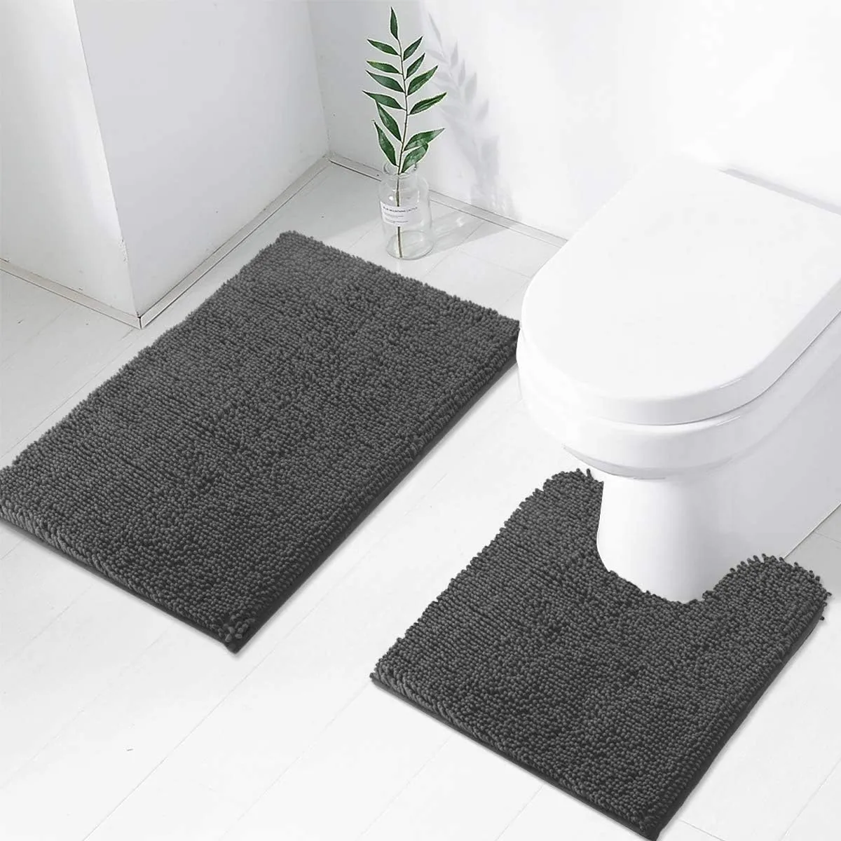 2 PCs Microfiber Anti Slip Commode Mat Set-14641Dark Grey