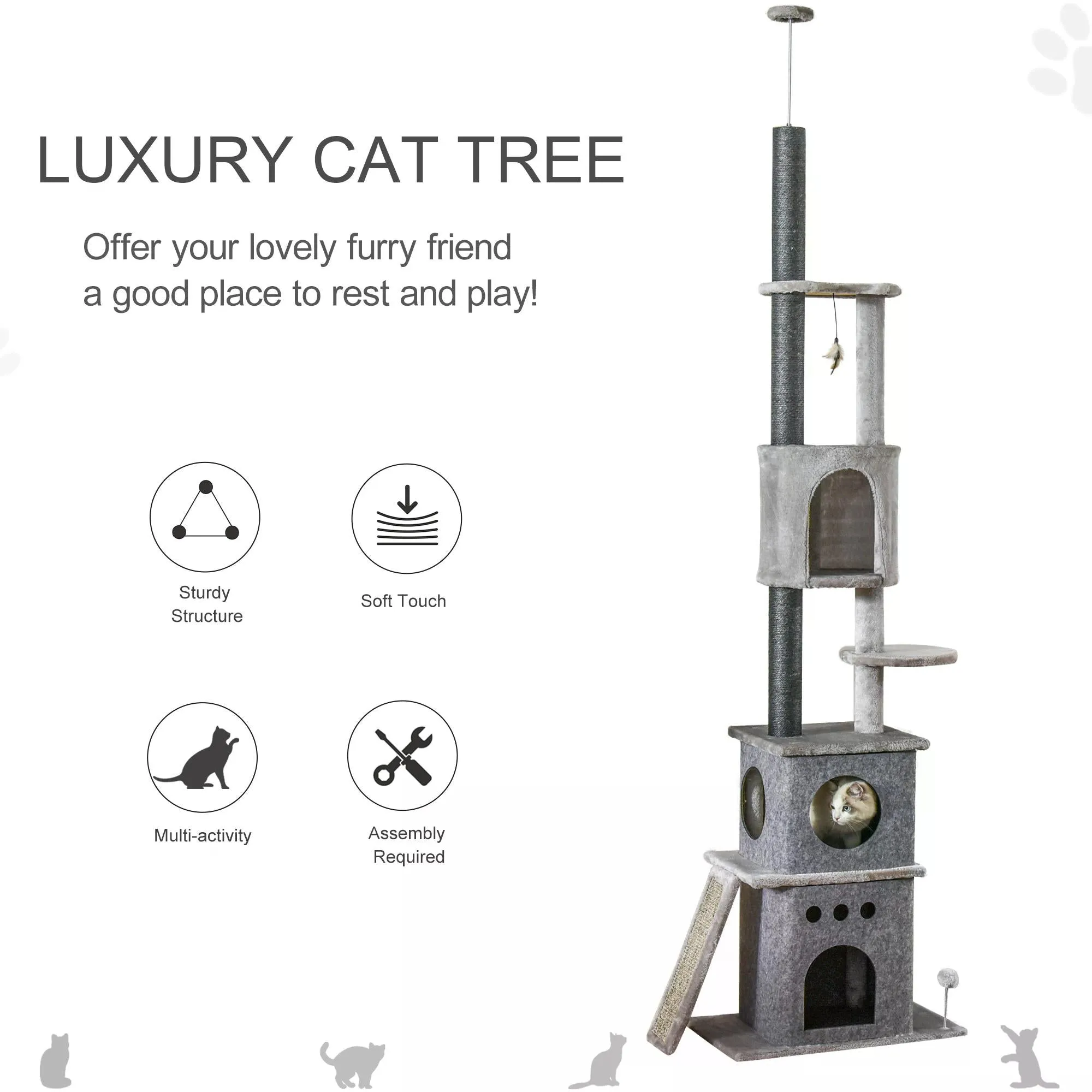 255cm Cat Climbing Tree Adjustable Kitty Activity Center Floor-to-Ceiling Cat Climber Toy with Double Condo Play Rest Post Grey