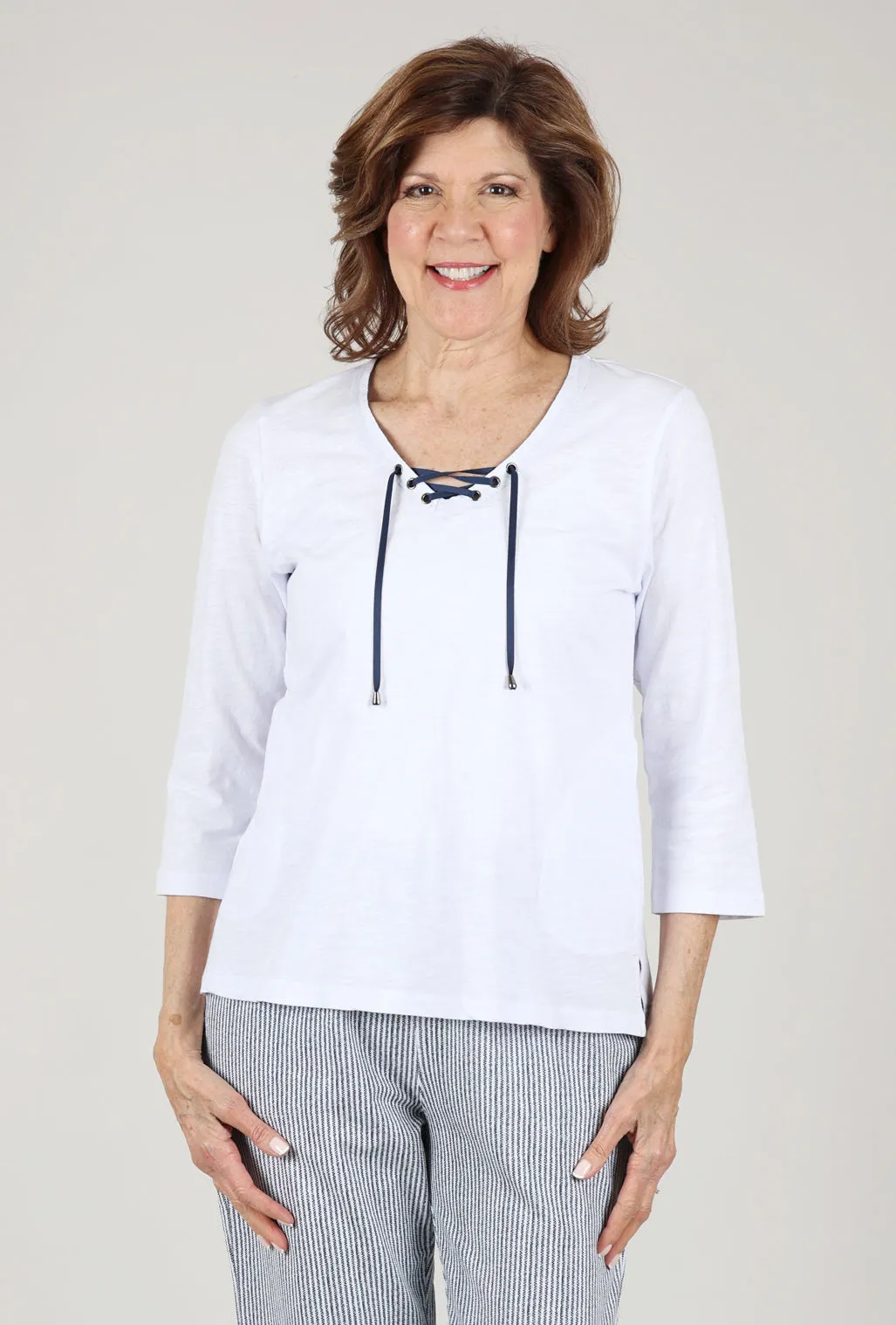 3/4 Sleeve Lace-Up Top, White