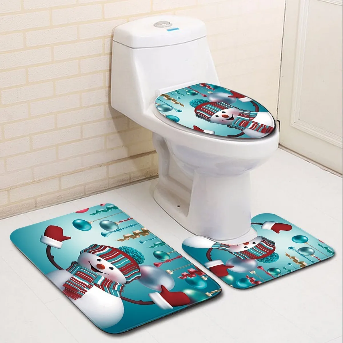 6 Type Chirstmas Bathroom Snowman Santa Father Snow Bell Elk Pattern Waterproof  Shower Curtain Toilet Cover Mat Non-Slip Rugs