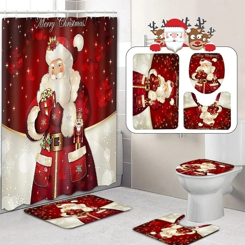 6 Type Chirstmas Bathroom Snowman Santa Father Snow Bell Elk Pattern Waterproof  Shower Curtain Toilet Cover Mat Non-Slip Rugs