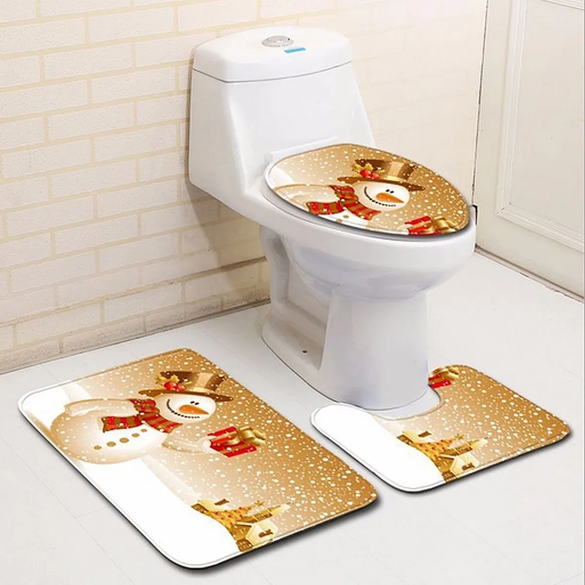 6 Type Chirstmas Bathroom Snowman Santa Father Snow Bell Elk Pattern Waterproof  Shower Curtain Toilet Cover Mat Non-Slip Rugs