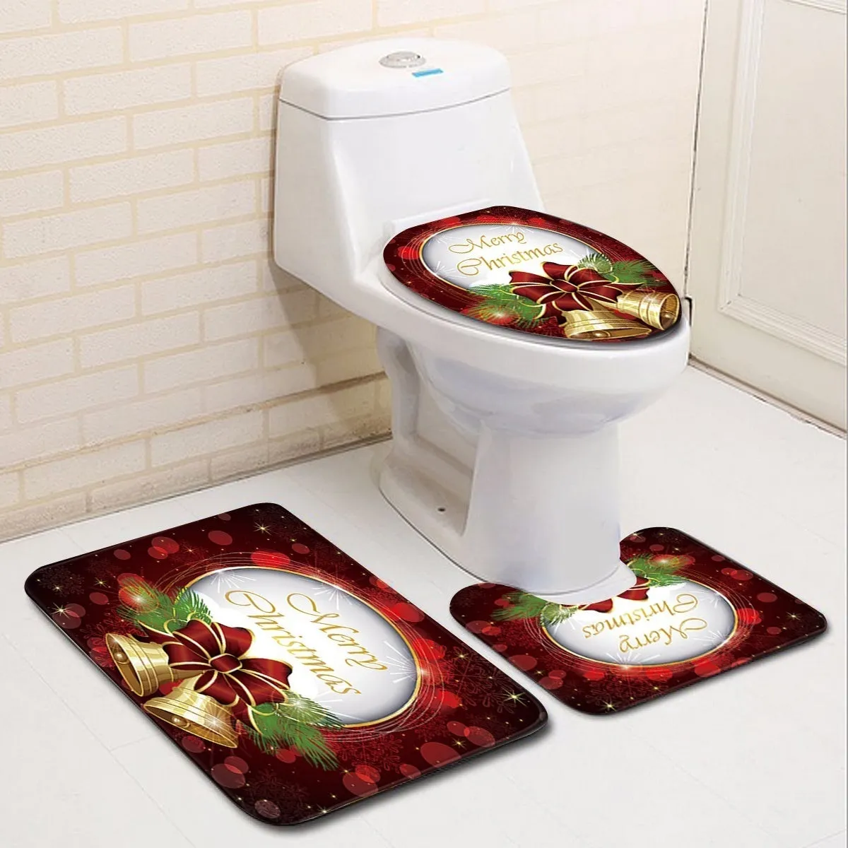 6 Type Chirstmas Bathroom Snowman Santa Father Snow Bell Elk Pattern Waterproof  Shower Curtain Toilet Cover Mat Non-Slip Rugs