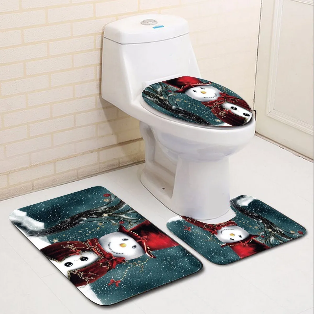 6 Type Chirstmas Bathroom Snowman Santa Father Snow Bell Elk Pattern Waterproof  Shower Curtain Toilet Cover Mat Non-Slip Rugs