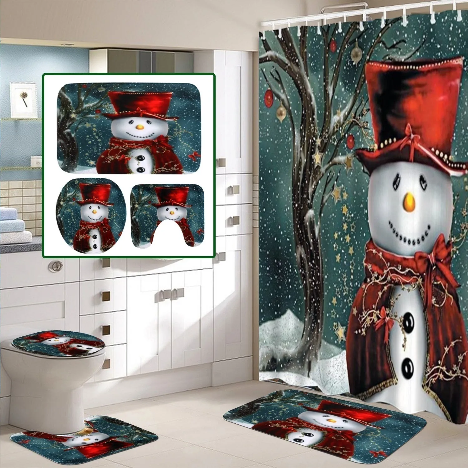 6 Type Chirstmas Bathroom Snowman Santa Father Snow Bell Elk Pattern Waterproof  Shower Curtain Toilet Cover Mat Non-Slip Rugs