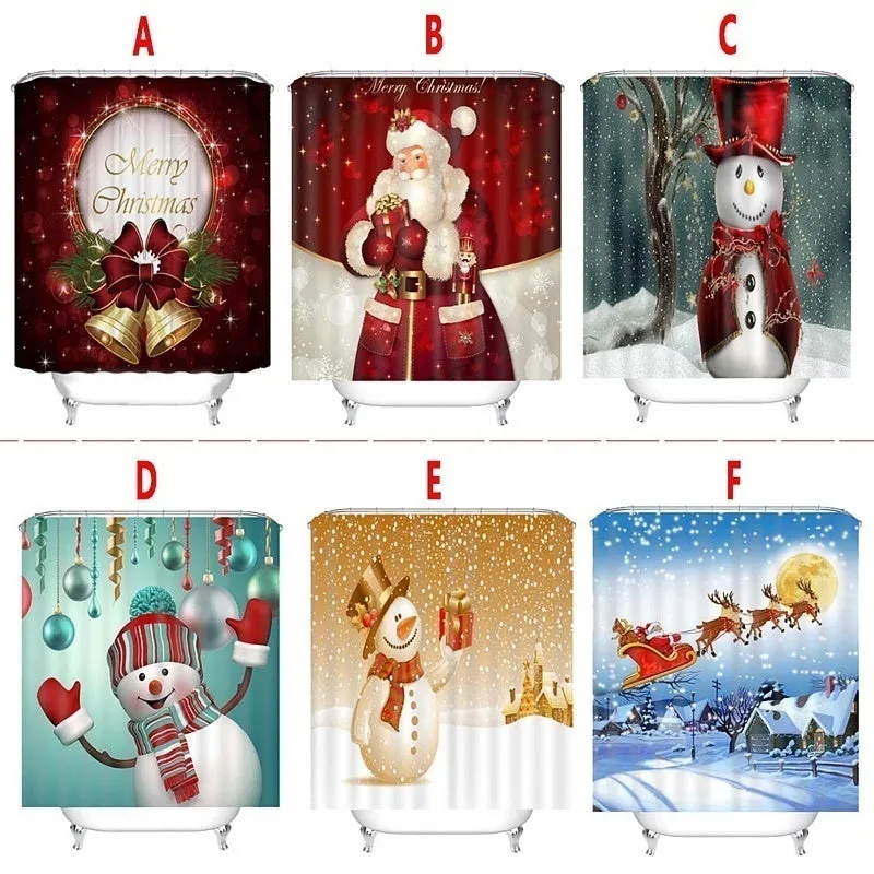 6 Type Chirstmas Bathroom Snowman Santa Father Snow Bell Elk Pattern Waterproof  Shower Curtain Toilet Cover Mat Non-Slip Rugs