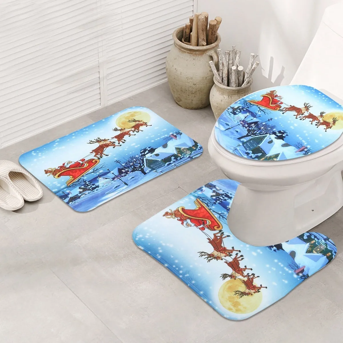 6 Type Chirstmas Bathroom Snowman Santa Father Snow Bell Elk Pattern Waterproof  Shower Curtain Toilet Cover Mat Non-Slip Rugs