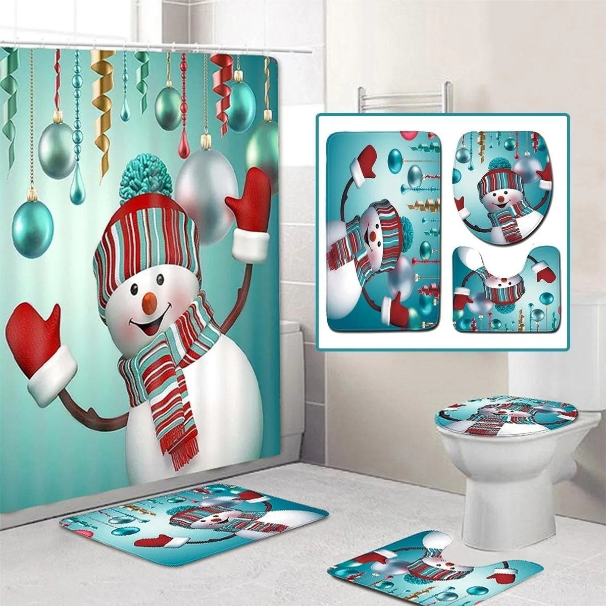 6 Type Chirstmas Bathroom Snowman Santa Father Snow Bell Elk Pattern Waterproof  Shower Curtain Toilet Cover Mat Non-Slip Rugs