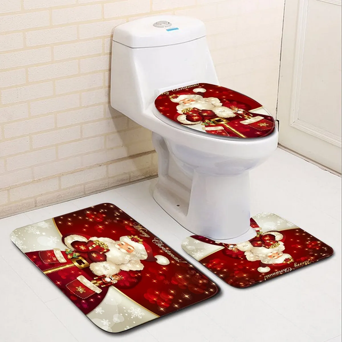 6 Type Chirstmas Bathroom Snowman Santa Father Snow Bell Elk Pattern Waterproof  Shower Curtain Toilet Cover Mat Non-Slip Rugs