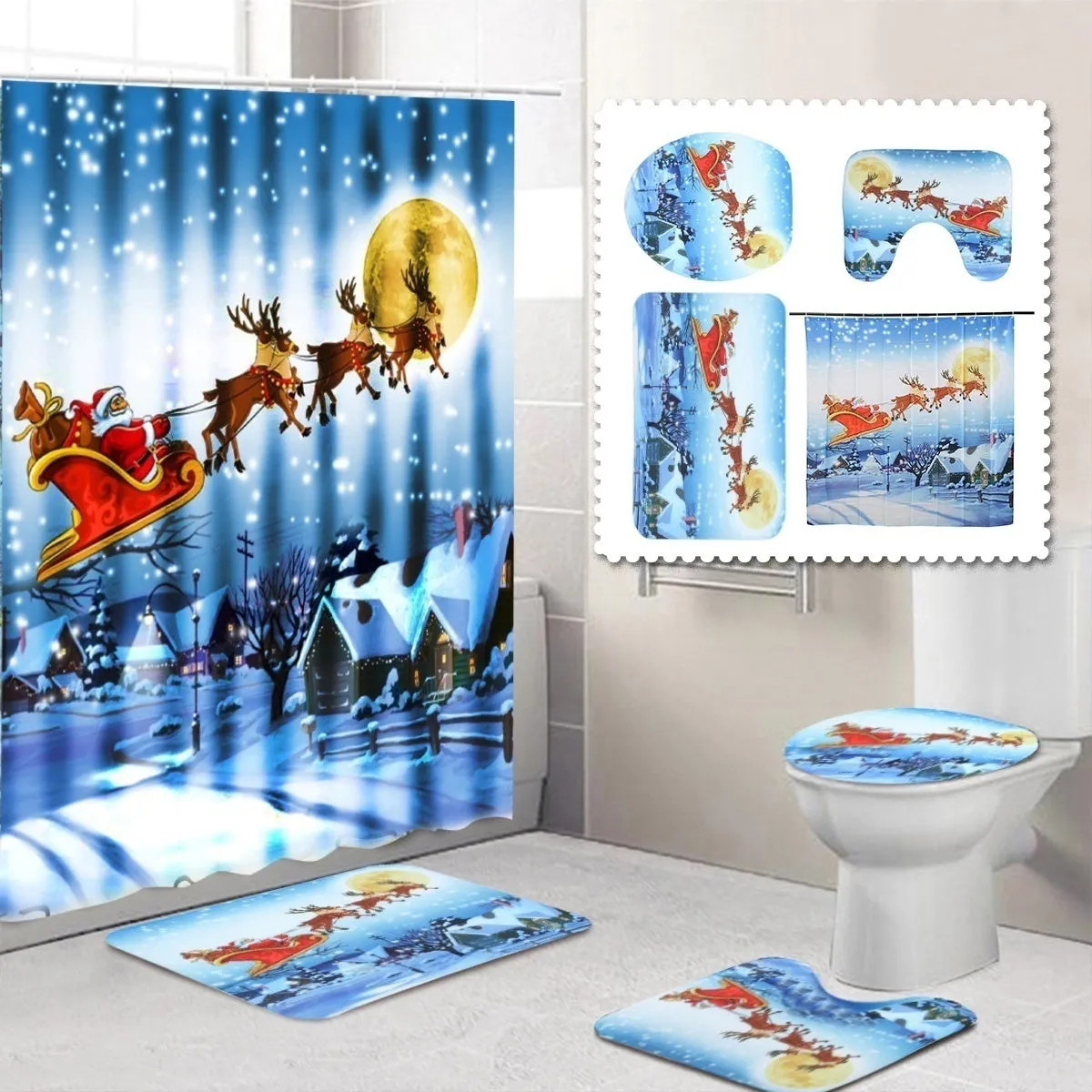 6 Type Chirstmas Bathroom Snowman Santa Father Snow Bell Elk Pattern Waterproof  Shower Curtain Toilet Cover Mat Non-Slip Rugs