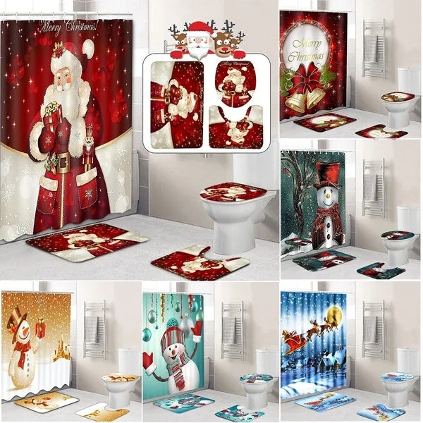 6 Type Chirstmas Bathroom Snowman Santa Father Snow Bell Elk Pattern Waterproof  Shower Curtain Toilet Cover Mat Non-Slip Rugs