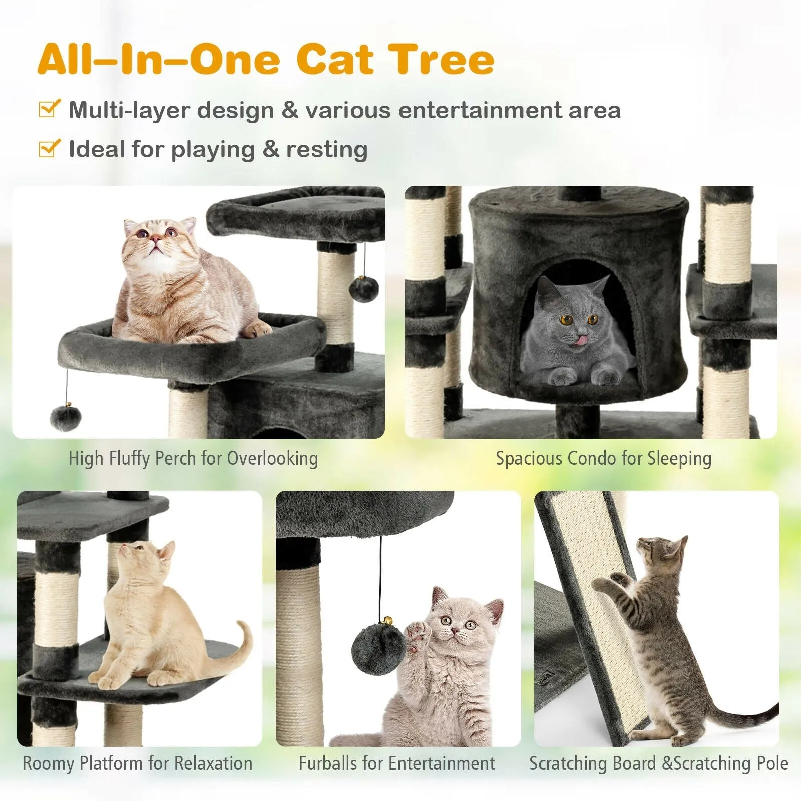 67" Multi-Level Cat Tree with Cozy Perches - Dark Grey