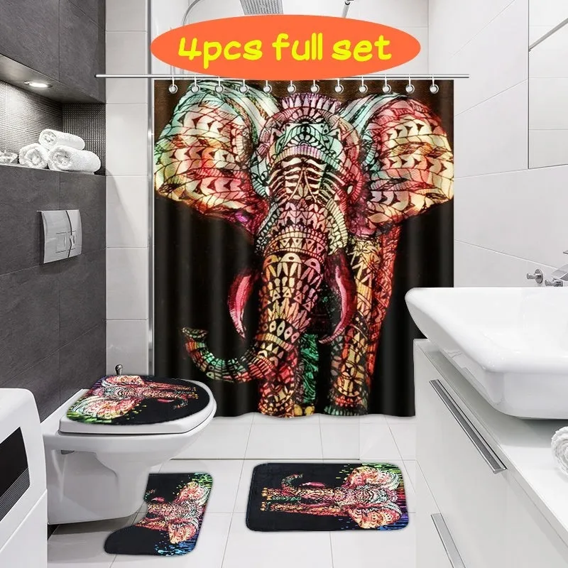 African Elephant Waterproof Bathroom Shower Curtain Non-Slip Carpets Toilet Seat Cover Bath Mat Pedestal Rug