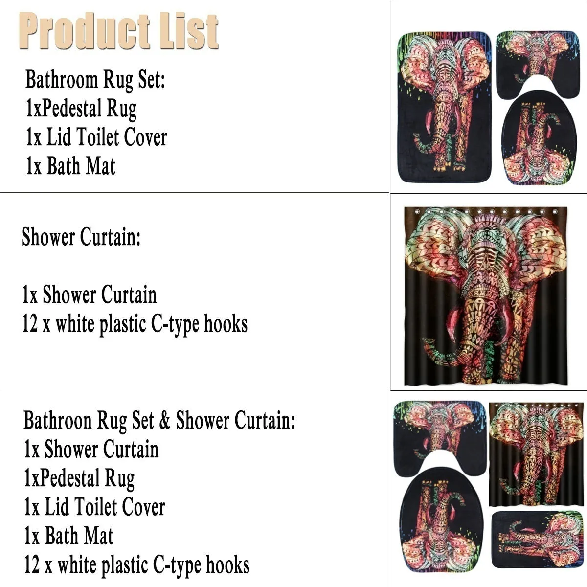 African Elephant Waterproof Bathroom Shower Curtain Non-Slip Carpets Toilet Seat Cover Bath Mat Pedestal Rug