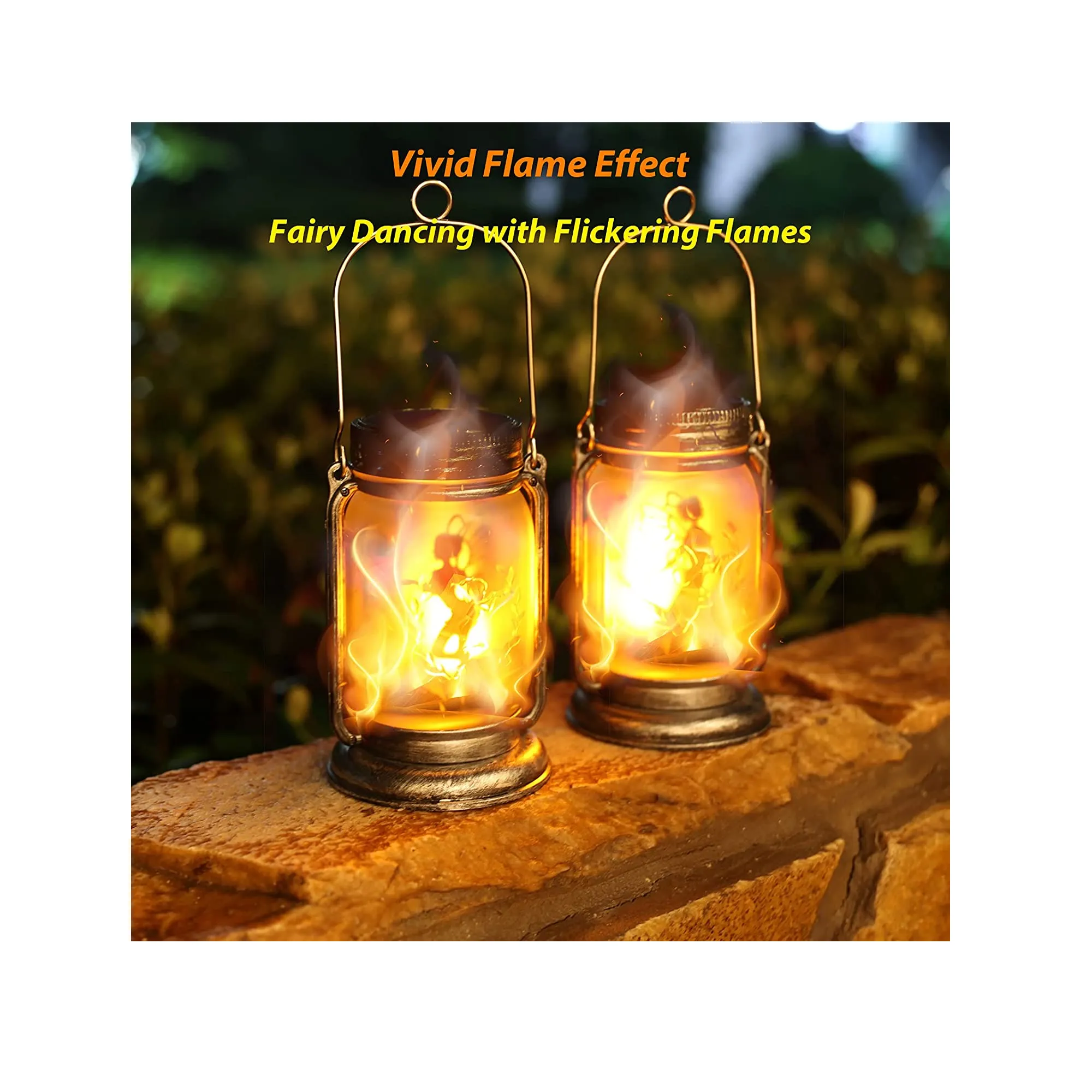 ANGMLN Outdoor Solar Flame Lanterns | Raincoats| To Hang In The Garden| Halloween Fairy Lanterns| Flickering Flames Solar Lights Decor For Patio | Decorations | 2 Pack