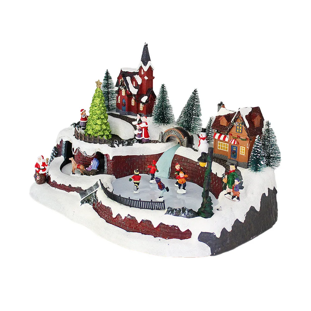 Animated Christmas Snowy Village Moving Skaters Sleigh LED Lights Music