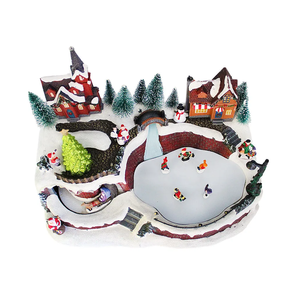 Animated Christmas Snowy Village Moving Skaters Sleigh LED Lights Music