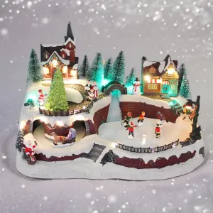 Animated Christmas Snowy Village Moving Skaters Sleigh LED Lights Music