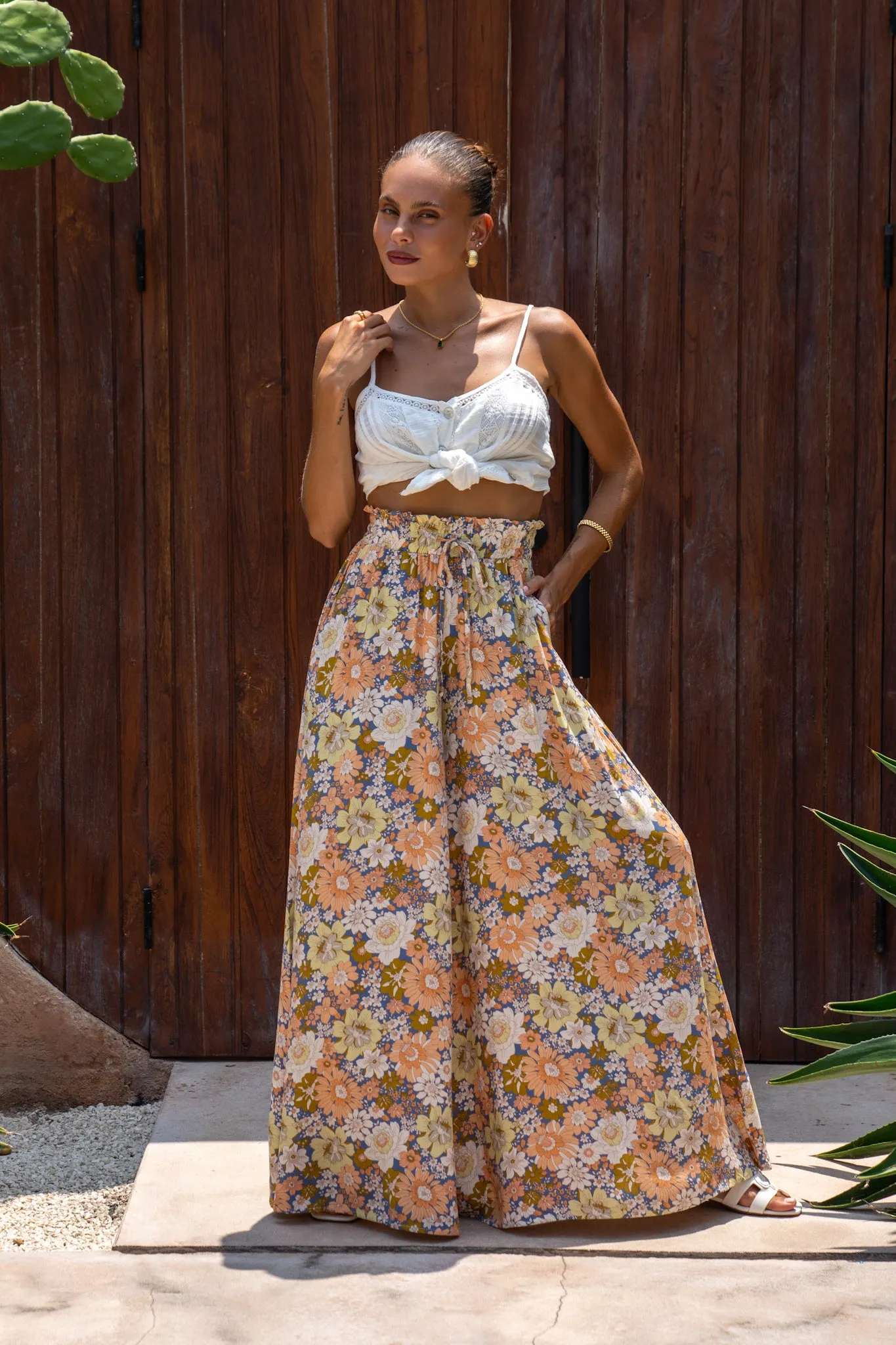 Aurelie Orange Blue Floral Wide Leg Pants