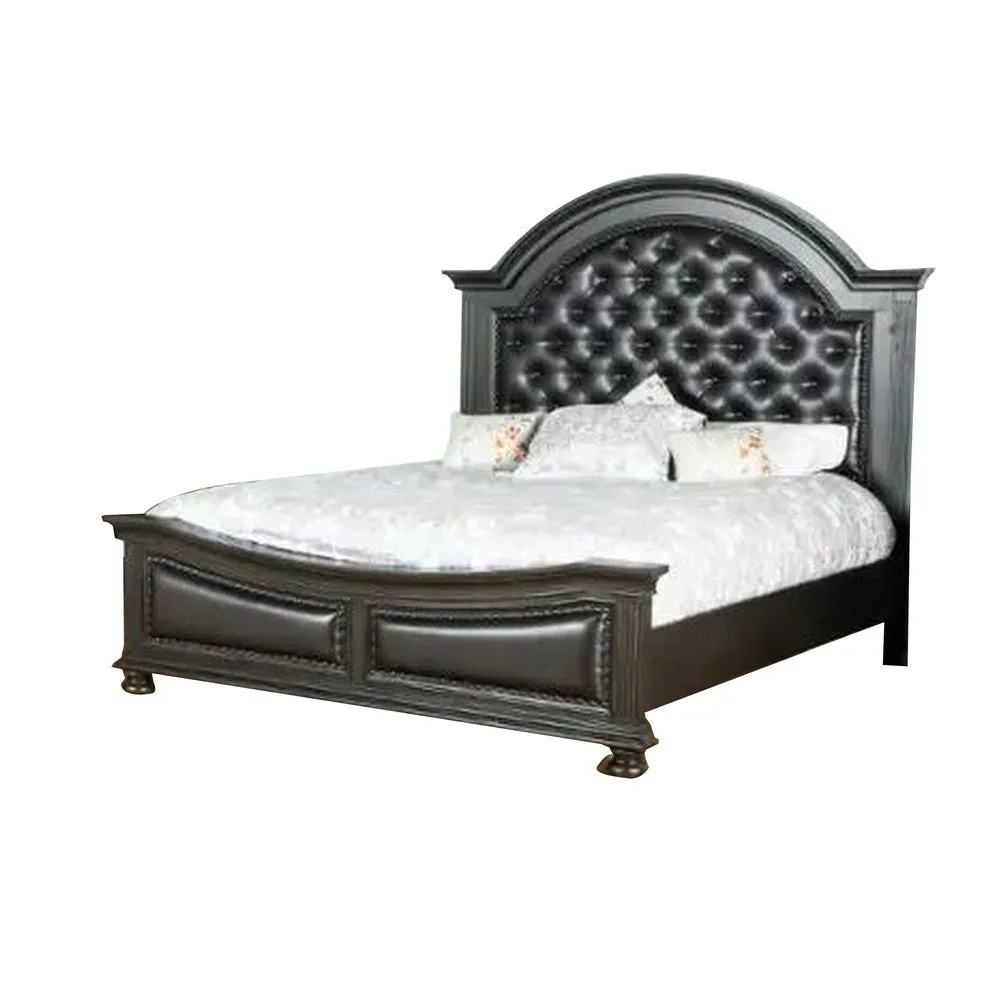 Belb Queen Size Bed, Faux Leather Upholstery, Nailhead Trim, Brown Wood By Casagear Home