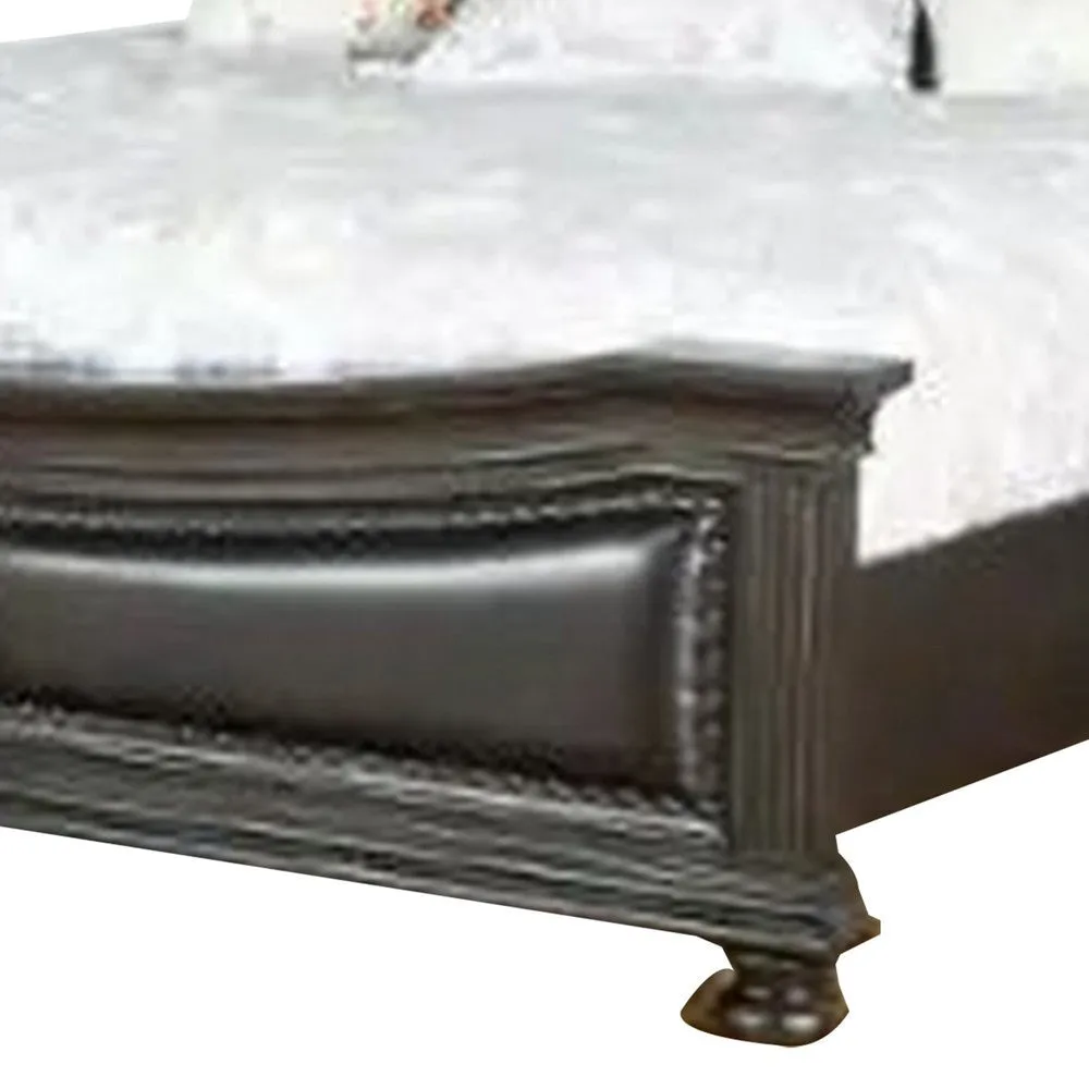 Belb Queen Size Bed, Faux Leather Upholstery, Nailhead Trim, Brown Wood By Casagear Home