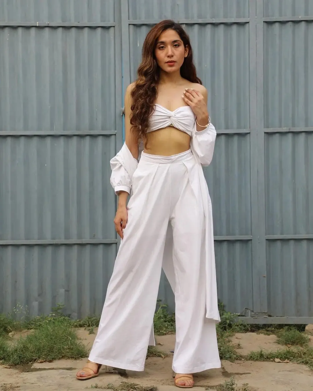 Bustier Top and Flared Pants with Shrug 3 piece Coord Set