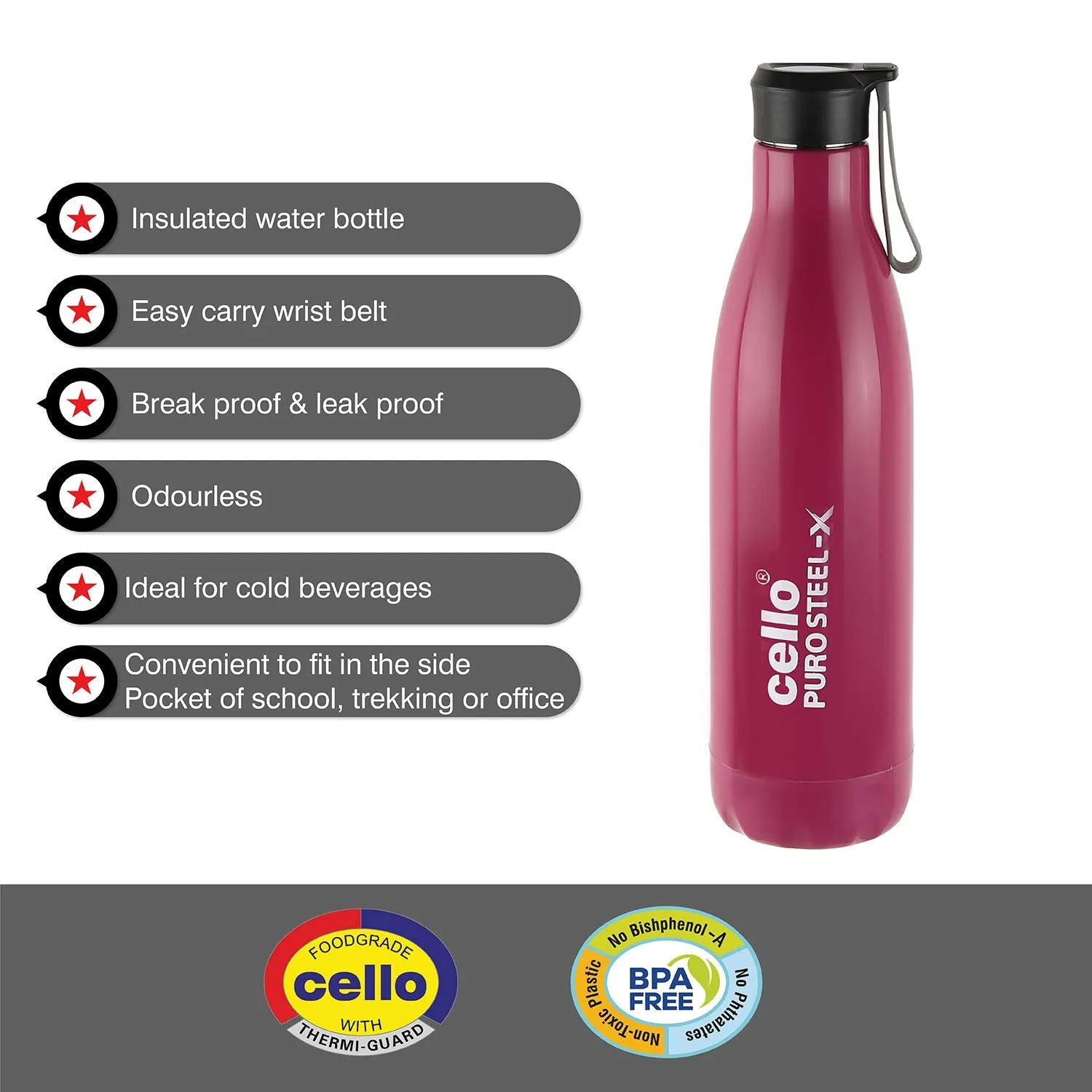 CELLO Puro Steel-X Rover 600 | Water Bottle with Inner Steel and Outer Plastic | Insulated Water Bottle | 480 ml, Pink