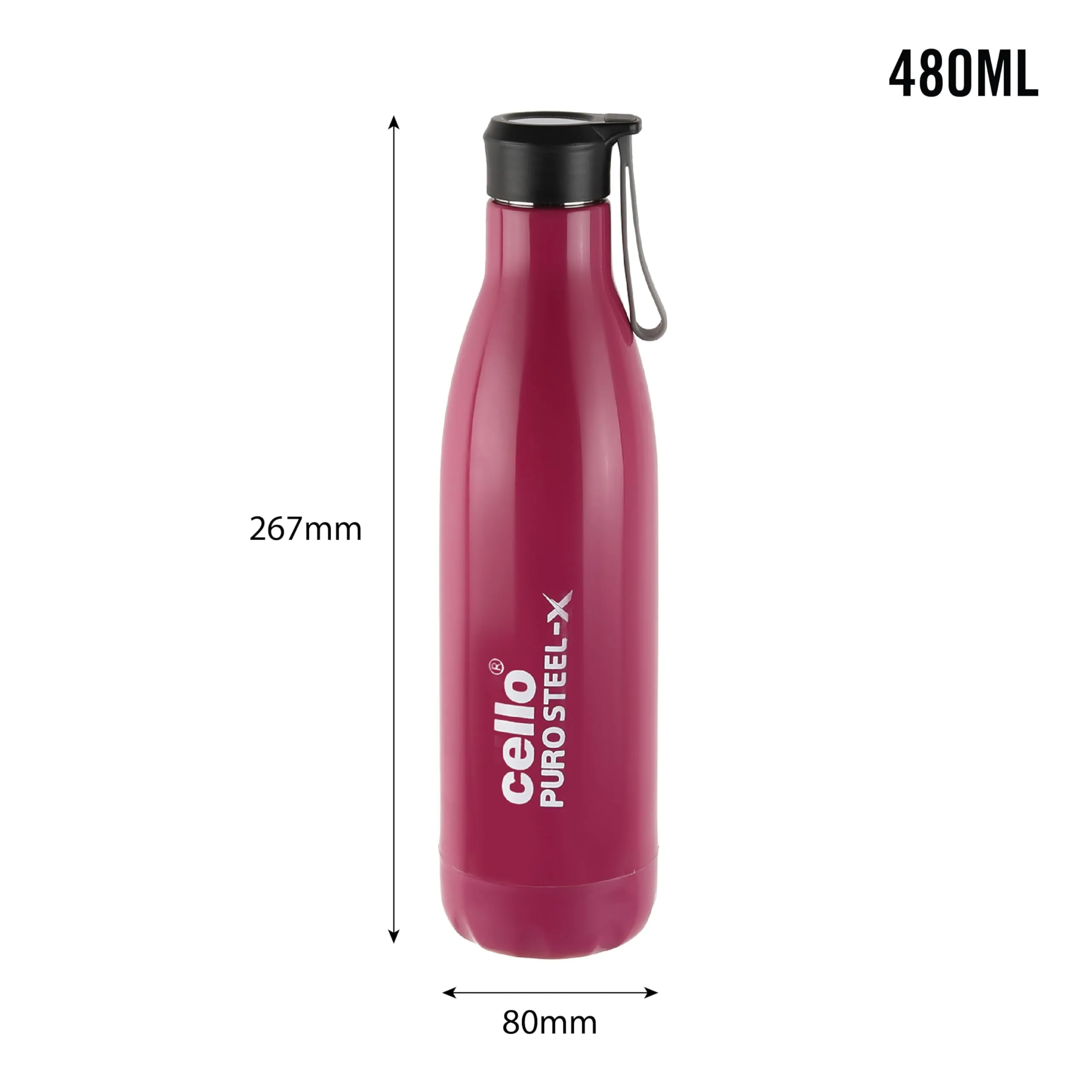 CELLO Puro Steel-X Rover 600 | Water Bottle with Inner Steel and Outer Plastic | Insulated Water Bottle | 480 ml, Pink