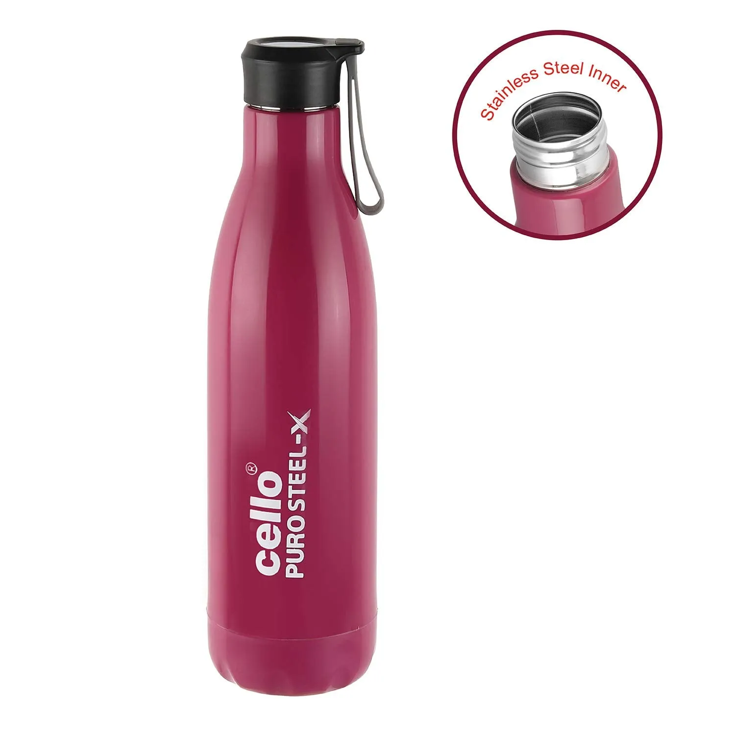 CELLO Puro Steel-X Rover 600 | Water Bottle with Inner Steel and Outer Plastic | Insulated Water Bottle | 480 ml, Pink