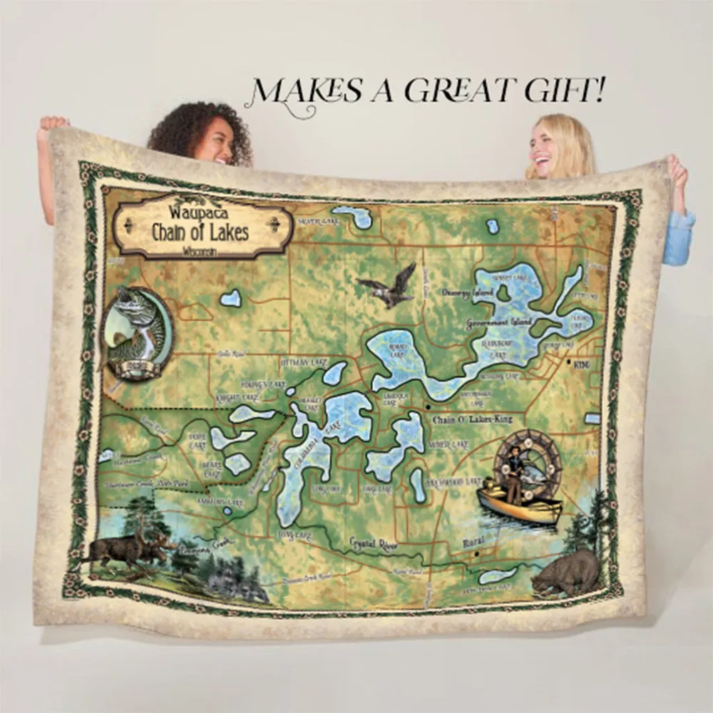 Chain O' Lakes Waupaca Wisconsin Sherpa Fleece Blanket Double Stitched Edges Cozy Luxury Fluffy Super Soft 430 GSM Polyester Throw Blanket