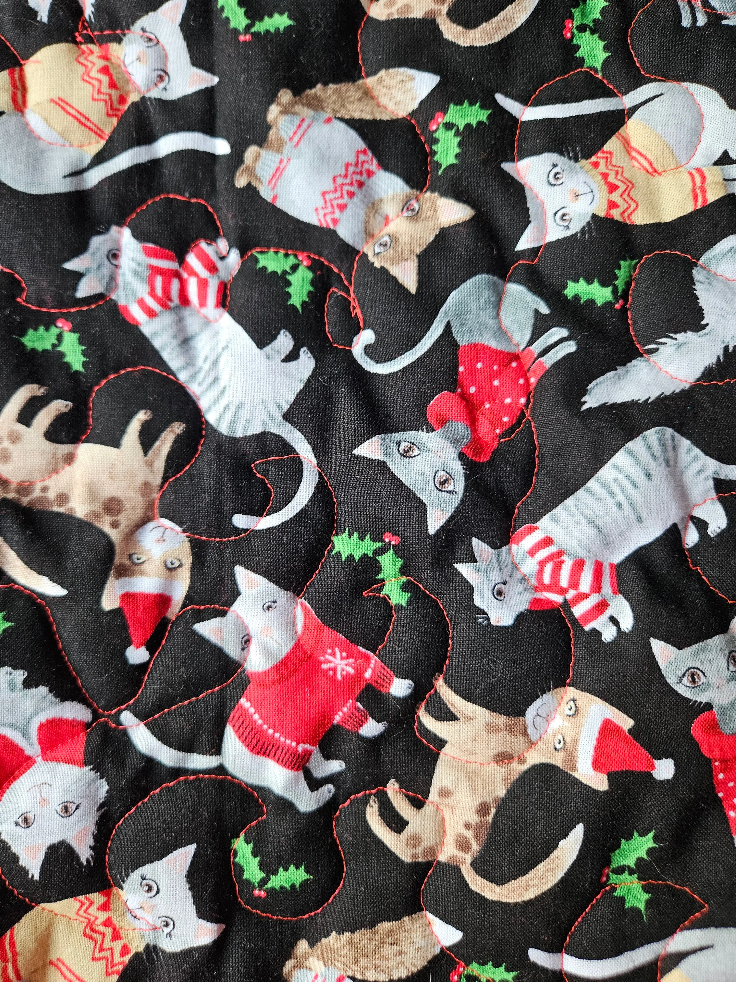 Christmas Cats in Sweaters Pet Blanket. Double sided, cotton print on one side, brushed cotton on the back. Handmade, soft, comfy.