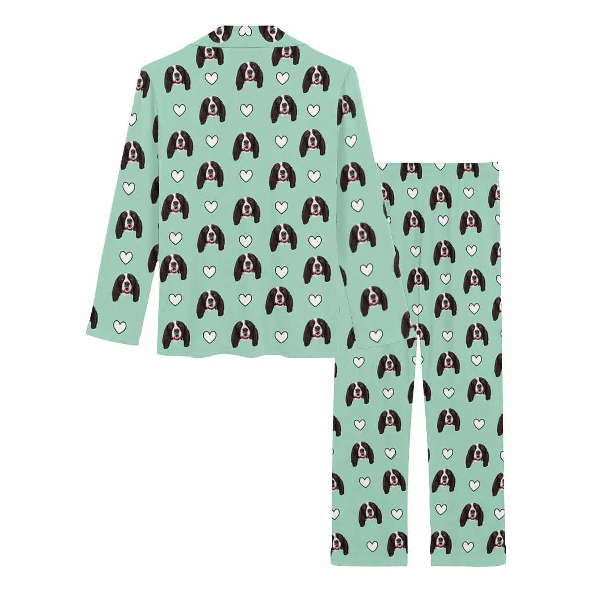 Custom Pet Face Love Heart Shape Couple Sleepwear Women's Lightweight Long Pajama Set Men's Sleepwear - Light Green