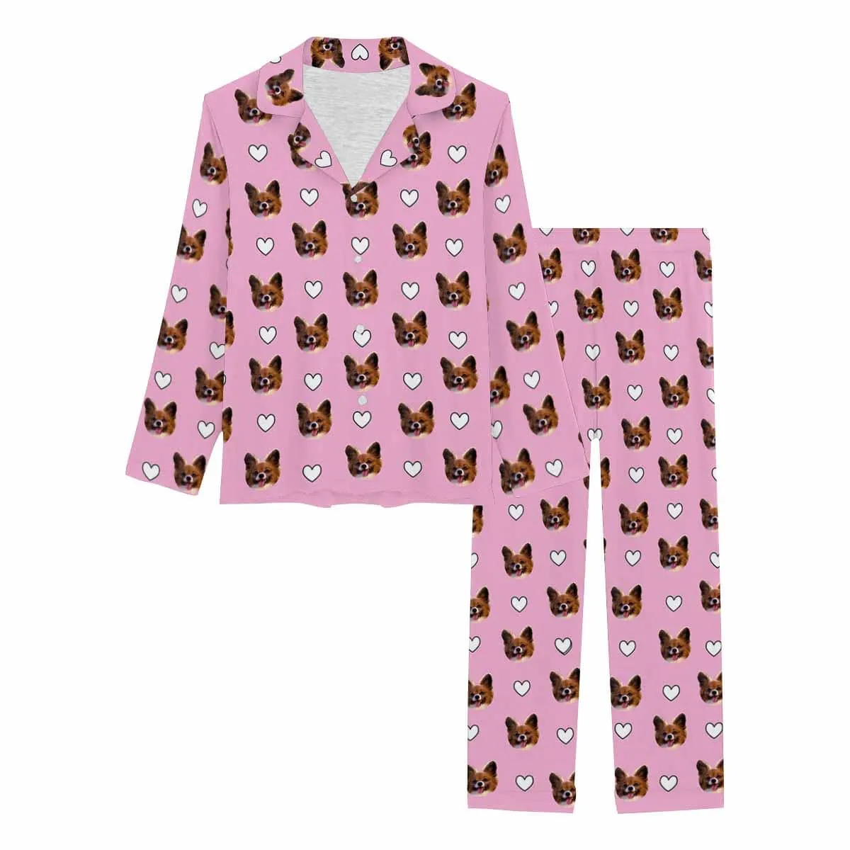 Custom Pet Face Love Heart Shape Couple Sleepwear Women's Lightweight Long Pajama Set Men's Sleepwear - Light Green