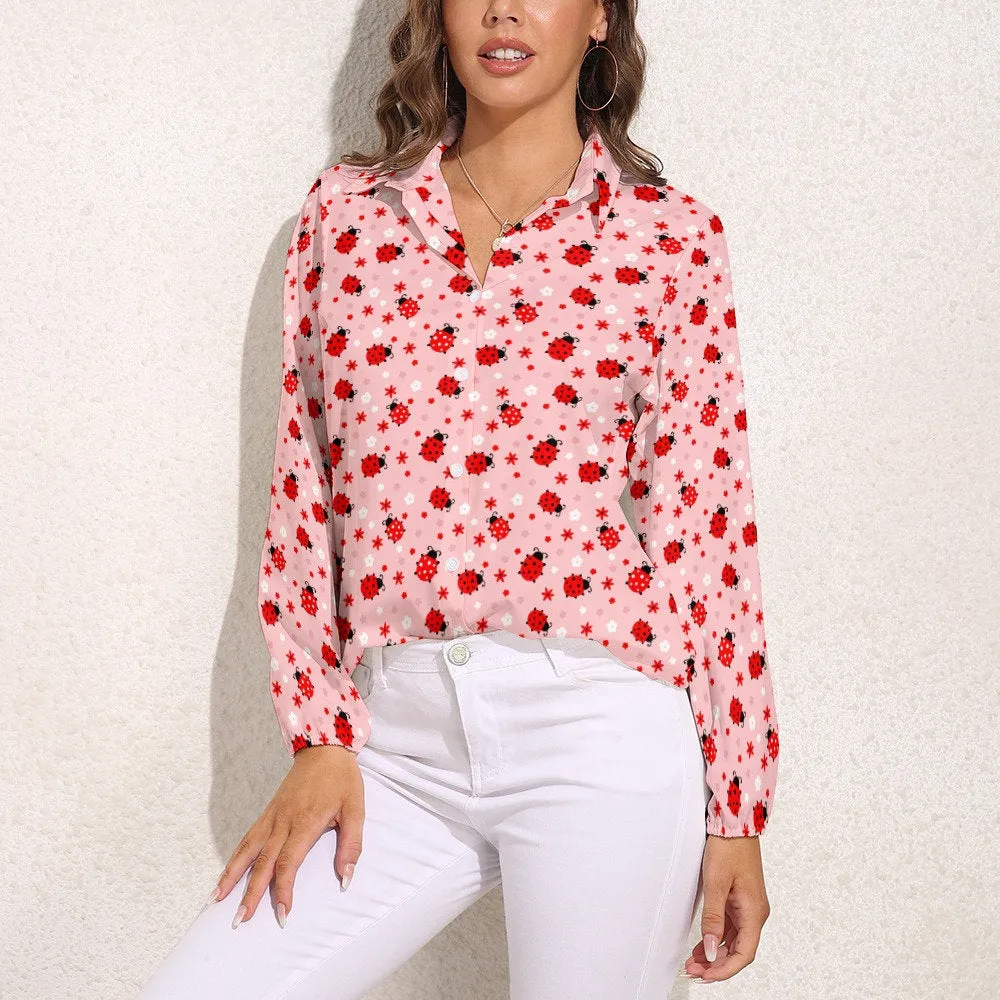 Cute Lady Bug Top Women, Pink Floral Top Women, Lady Bug Blouse Women, Light Pink floral blouse, Gifts for her, Spring Blouse Women