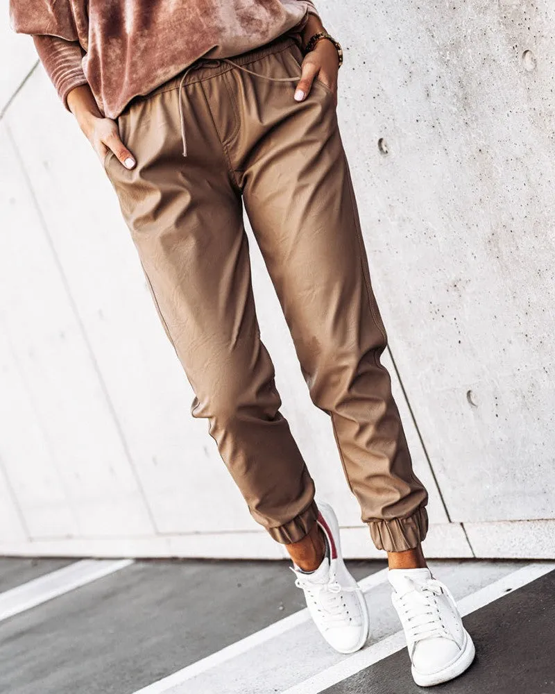 Drawstring Pocket Design PU Leather Pants