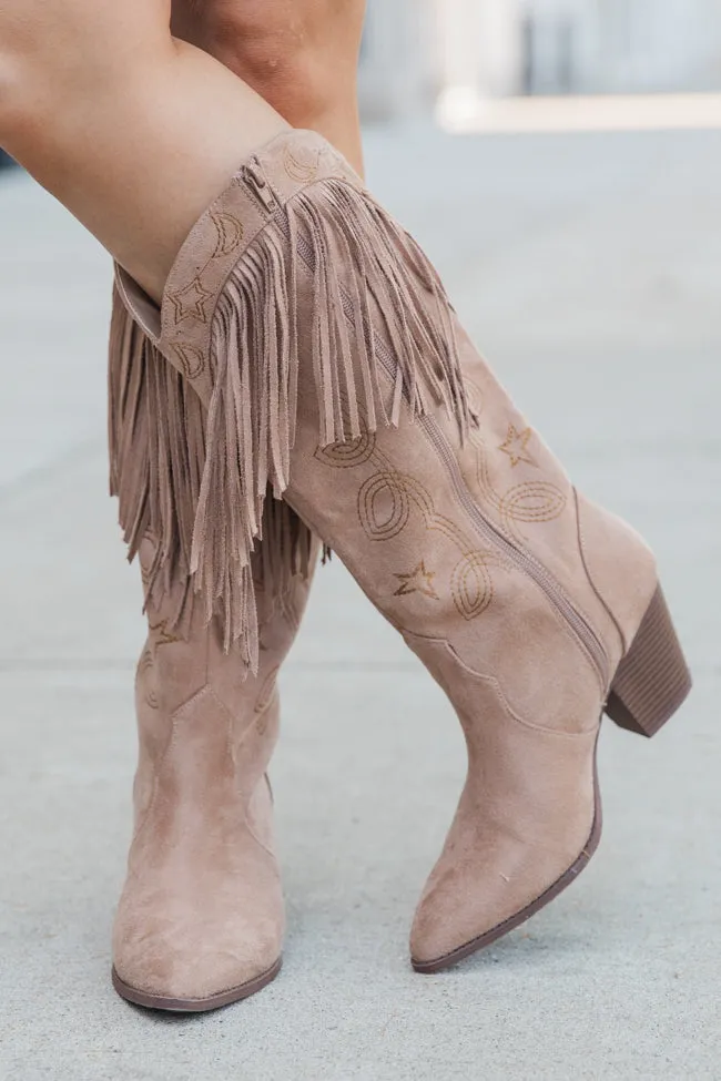 Fancy Suede Warm Taupe Fringe and Stars Boots