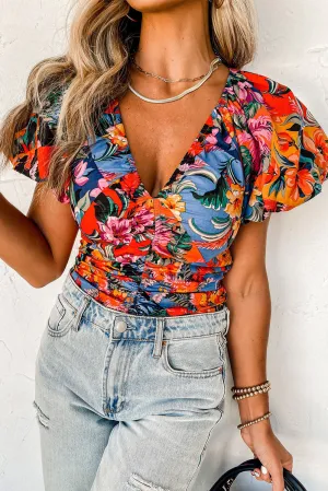 Floral Puff Sleeve V-Neck Blouse