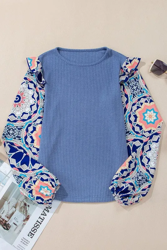 Floral Sleeve Patchwork Waffle Knit O Neck Blouse