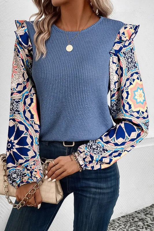 Floral Sleeve Patchwork Waffle Knit O Neck Blouse