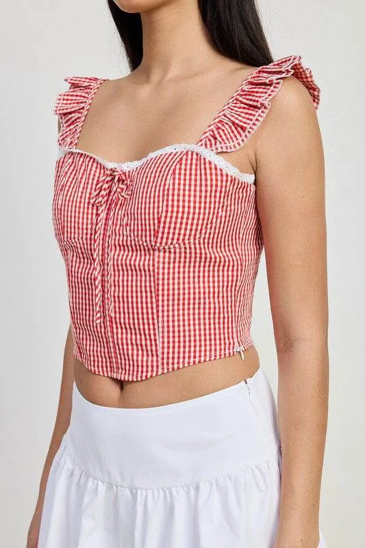 Gingham Ruffle Sleeve Corset Top