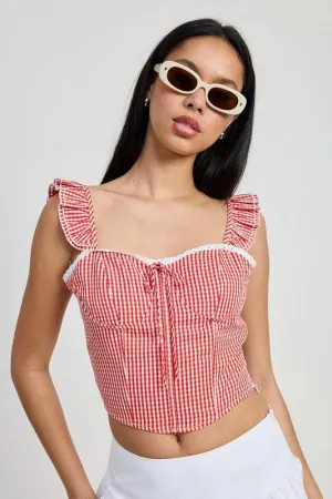 Gingham Ruffle Sleeve Corset Top