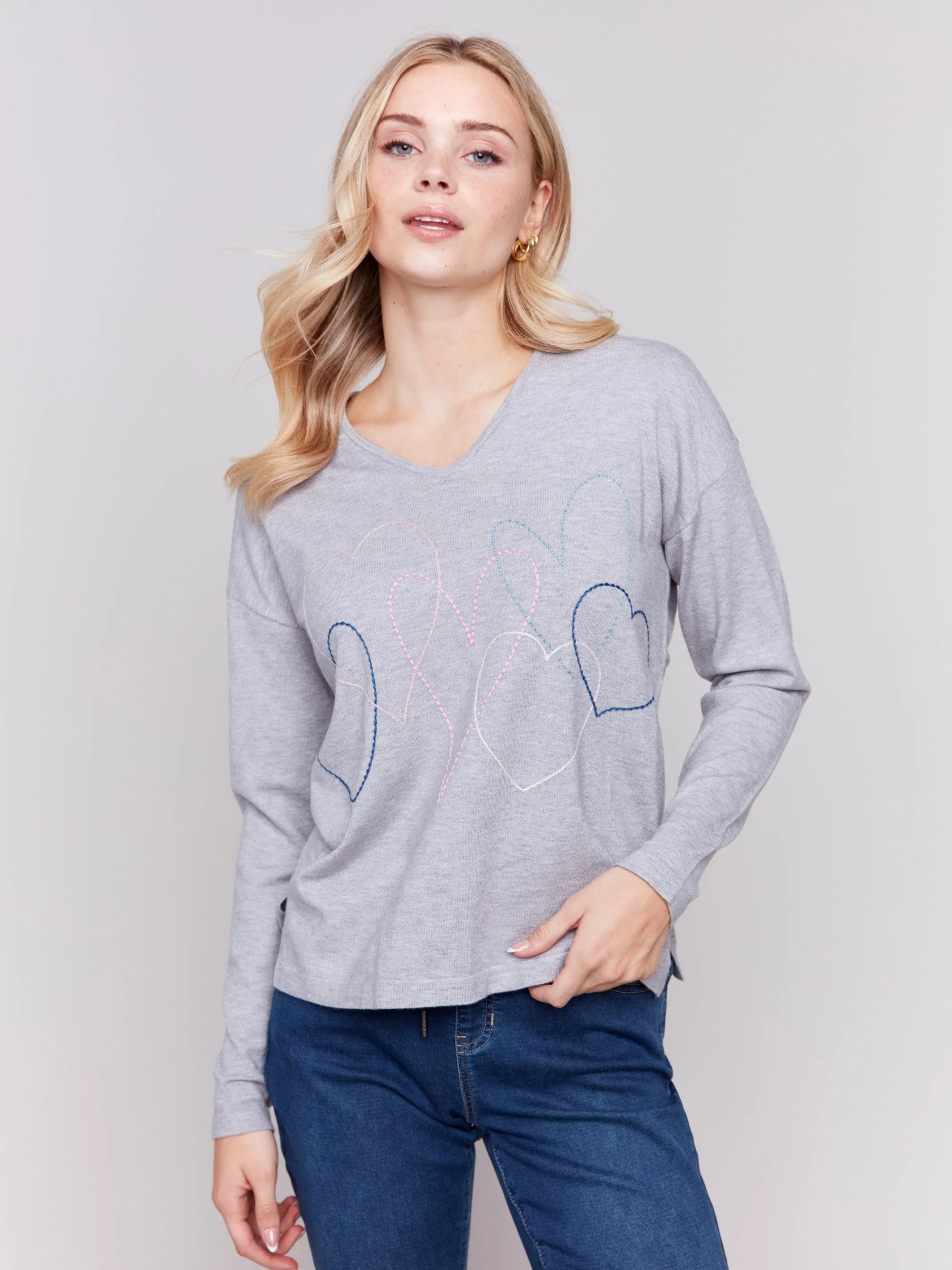 Heart Stitch V-Neck Sweater - Grey