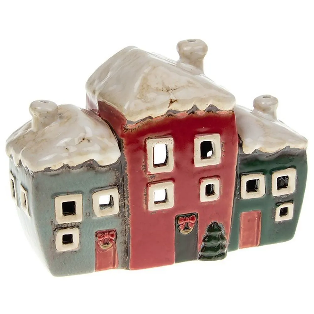 Joe Davies 18cm Christmas Village Pottery 3 Houses Tealight Holder