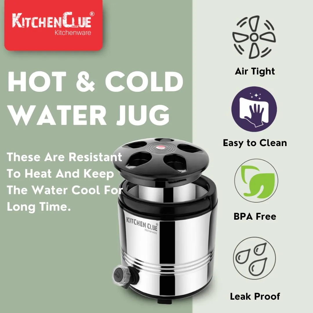 KITCHEN CLUE Stainless Steel Insulated Water Dispenser for Office Home Kitchen 3 Liters, Silver I Hot and Cold Water Jug/Container with Tap I Enjoy Chilled Drinks on The Go - Summer Essential