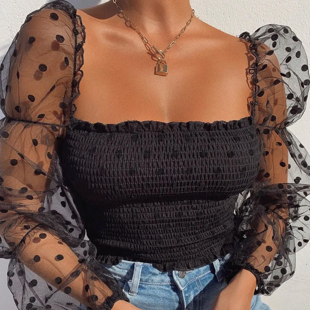 Long Sleeve Sheer Mesh Chiffon Blouse