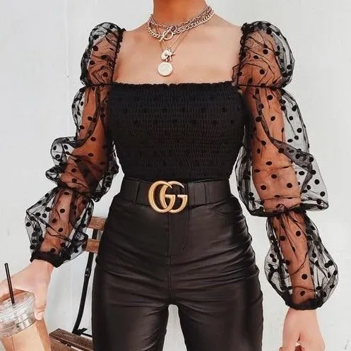 Long Sleeve Sheer Mesh Chiffon Blouse