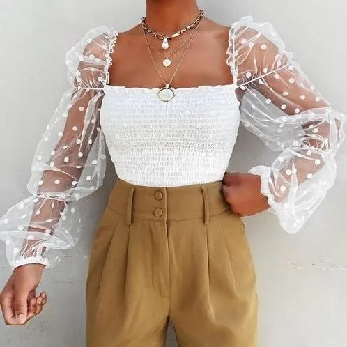 Long Sleeve Sheer Mesh Chiffon Blouse