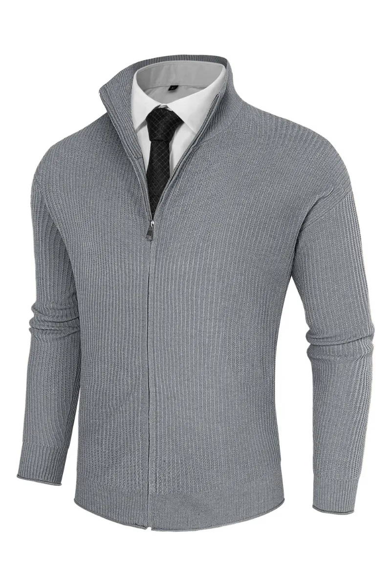 Men Zip-up Cardigan Long Sleeve Stand Collar Dropped Shoulder Sweater